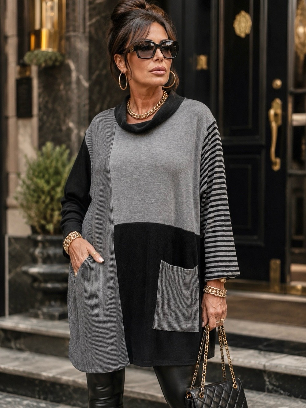 Iridium Womens Tunic Top Striped Black Gray Gothic Mobwife
